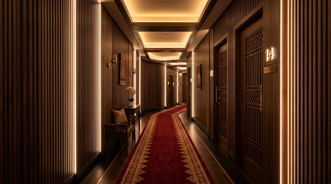 Quiet Private Suite Hallway with Fluted Wood Slats